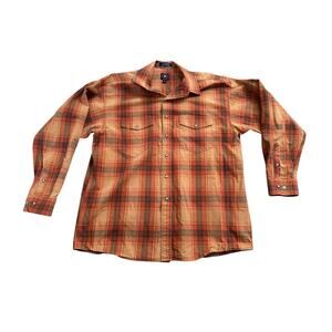 Panhandle Slim Orange Brown Plaid Pearl Snap Mens XL Shirt